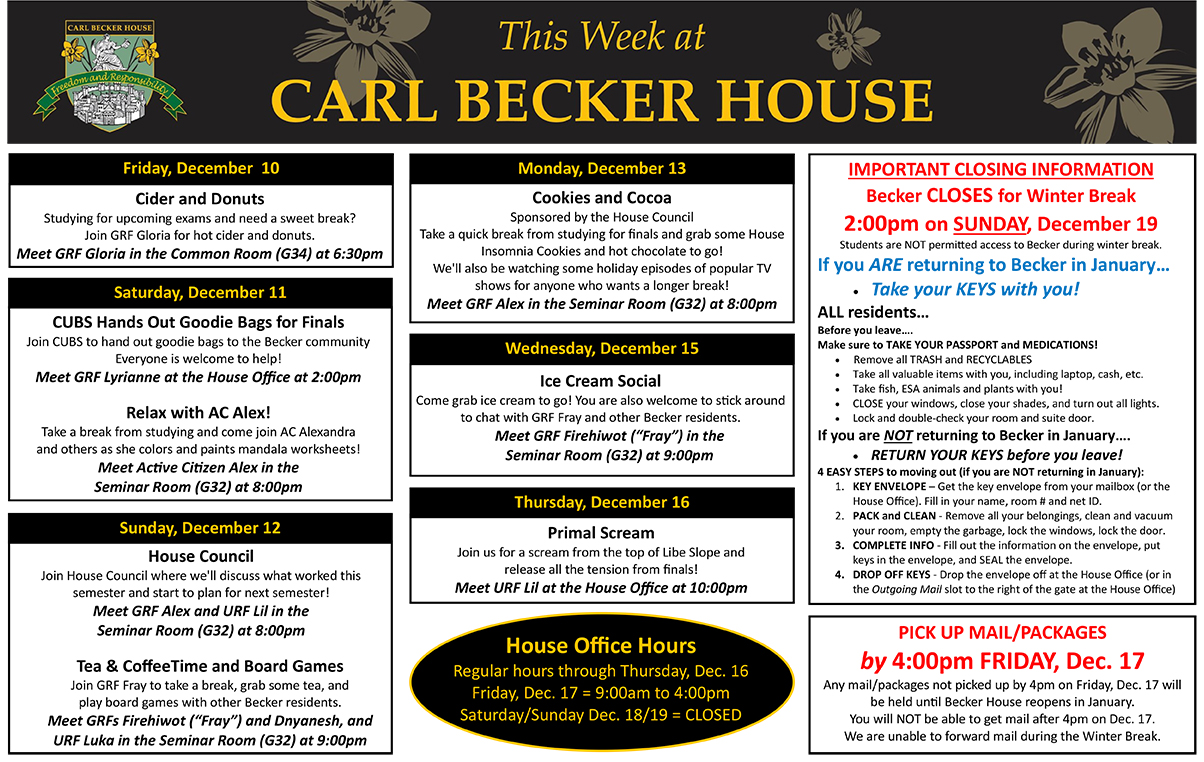 Events for the Upcoming Week at Carl Becker House
